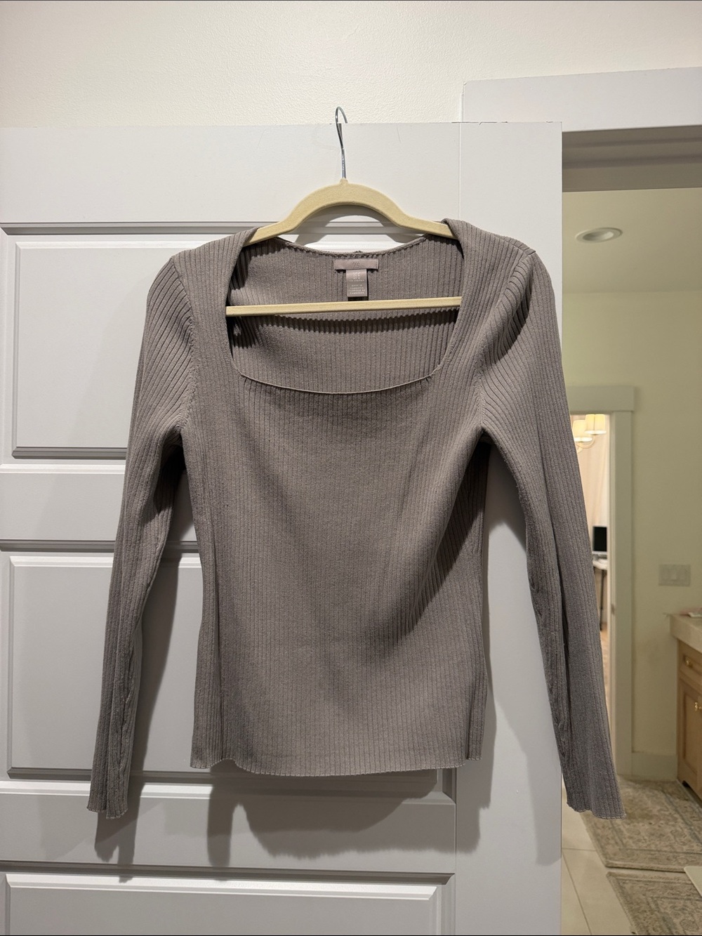 H&M Ribbed Square-Neck Long Sleeve Top - Taupe